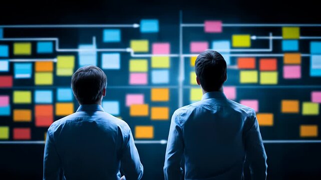 Two business people examining a project board with sticky notes in a dark room. One points