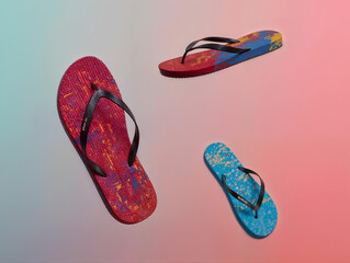 vibrantly colored flip-flops float on a gradient background, showcasing summer style