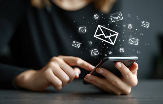 Close-up of hands holding a phone with email icons overlaying it