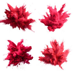 Four vibrant red powder explosions isolated on transparent background, creating a dynamic and abstract burst of color