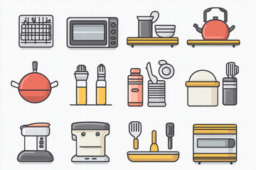 A set of kitchen utensils and appliances, including a microwave, oven