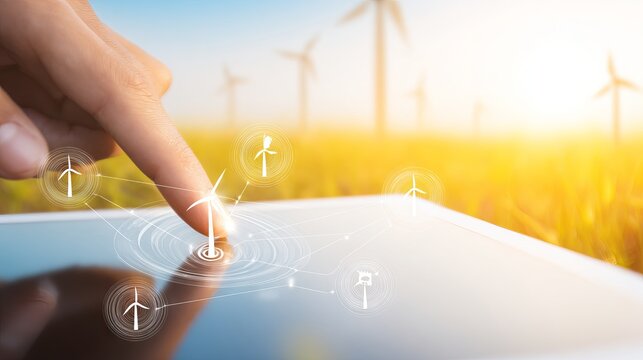 Finger touching digital tablet screen displaying wind turbine icons, symbolizing renewable energy technology in a field with wind turbines and sunlight, showcasing innovation and sustainability