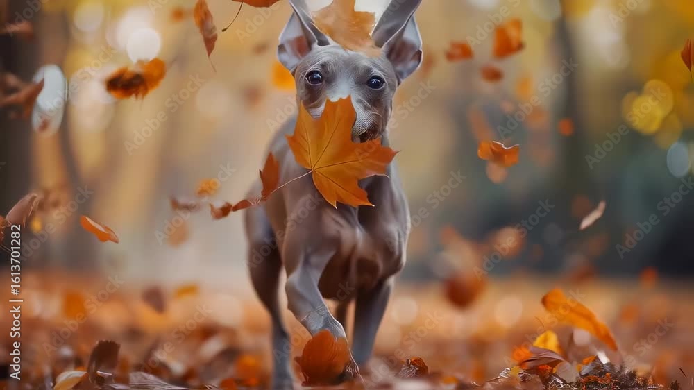 Poster italian greyhound running dynamically through forest with orange leaves falling around. blurred back