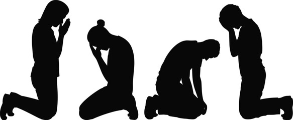 kneeling praying person silhouette, woman and man in prayer silhouette, spiritual meditation vector illustration, religious worship pose, black silhouette flat cad vector