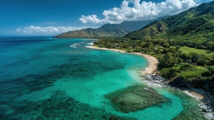 Aerial view of pristine tropical coastline with turquoise waters, sandy beach, lush green hills, and bright blue sky with fluffy clouds, ideal for travel, vacation, and nature photography  

