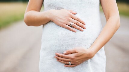 Expecting mother gently cradling her baby bump with both hands, wearing a light dress, standing outdoors on a gravel path, radiating warmth and anticipation for new life