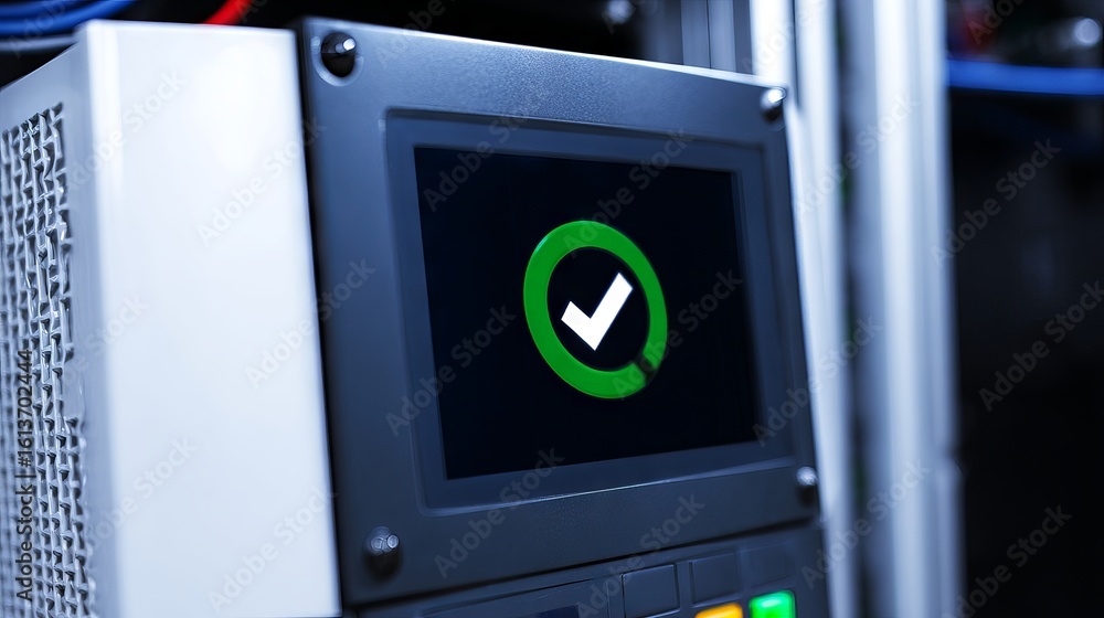 Poster digital control panel displaying a green check mark symbol, indicating successful operation, with bu