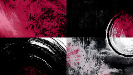 Abstract Textured Panel with Geometric Elements in Red, White, Black, and Gray.