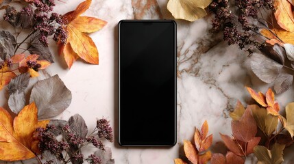Smartphone surrounded by autumn leaves on marble