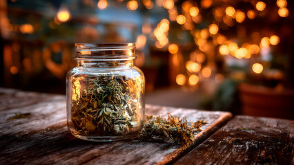 Preserved Herbs: A glass jar filled with dried herbs sits on a rustic wooden surface.