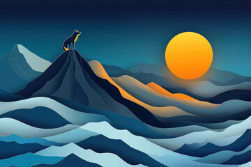 A fox is standing on a mountain top, looking out over a body of water