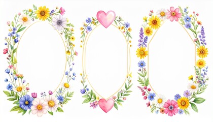 Set of watercolor floral card with wildflowers and hearts, template frames for invitation