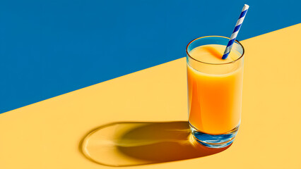 Refreshing juice in a glass with straw against a blue and yellow background.