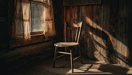 A weathered wooden chair in a rustic room bathed in sunlight