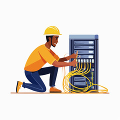Technician Working on Server Rack, Connecting Network Cables.