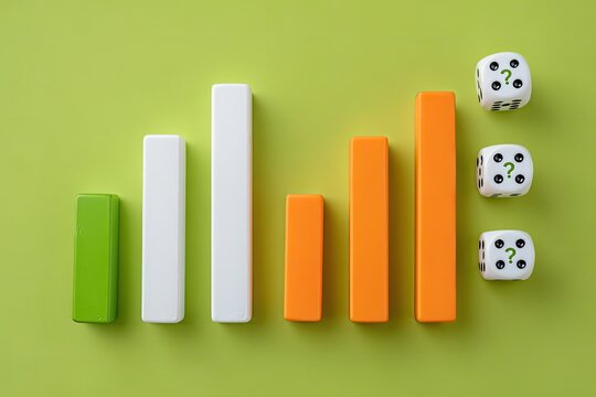 Stacked bars of varying heights in green, white, and orange, set against a light lime background, with dice displaying question marks