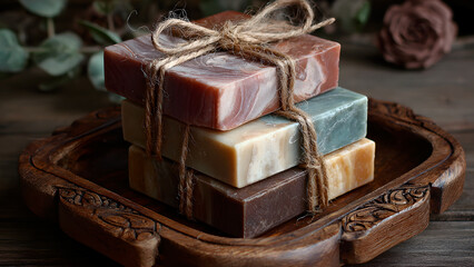 Artisan Soaps Stacked on Wooden Tray with Twine, Close-up Shot, Natural Presentation