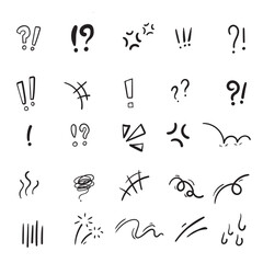 Speech bubble illustrated array of symbols in   emotion , symbols with question marks and exclamation points, representing various expressions and concepts in a flat.