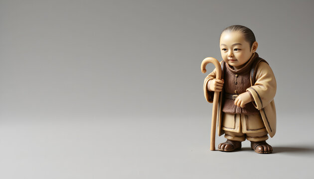 Traditional Japanese netsuke sculpture of an elderly man with cane  