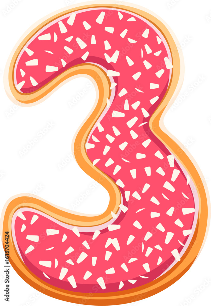 Poster cafe dessert font glazed cookie digit 3 three. pastry and confectionery math typeface figure, bakery