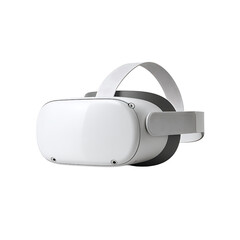 White virtual reality headset with grey straps on black background