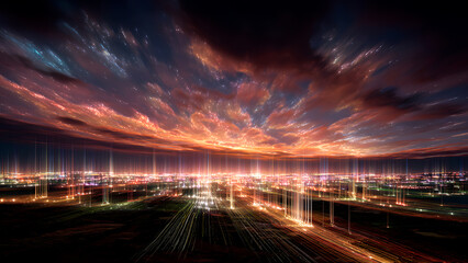 Abstract Cityscape at Night: Ethereal lights rise to meet fiery sunset clouds above.