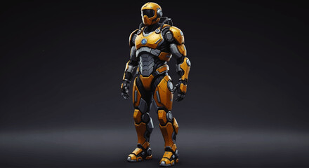 A futuristic, yellow and grey armored figure stands against a dark background.  The detailed suit suggests advanced technology and protection.