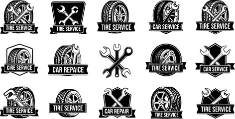 Set of tire service, car repair labels. Design elements for logo, emblem, sign, badge. Vector illustration 