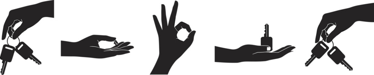 hand key gesture silhouette, giving keys icon vector, ok sign hand shape, holding key illustration, black hands clipart design