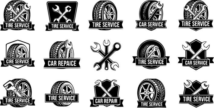 Set of tire service, car repair labels. Design elements for logo, emblem, sign, badge. Vector illustration