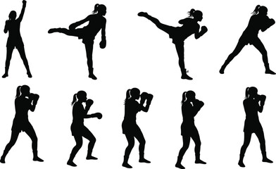 Female kickboxer silhouette set – women in fighting stance, punching, kicking, and boxing poses for fitness, martial arts, and sports design