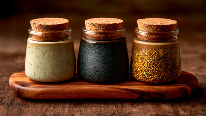 Three jars filled with different items sitting on a wooden surface with cork lids.
