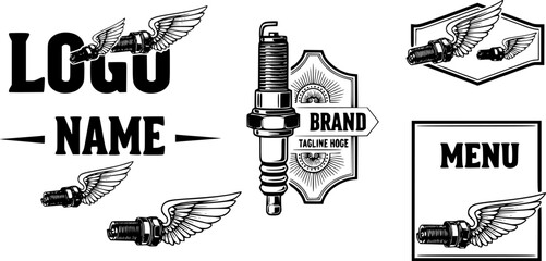 Winged motorcycle spark plug. Design elements for logo, label, sign, menu. Vector illustration 