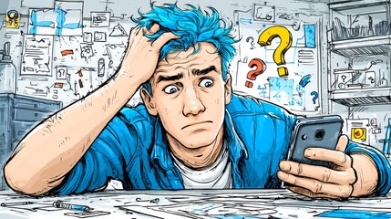 A man with blue hair sits at a messy desk covered in papers and pencils, holding a smartphone while looking distressed.