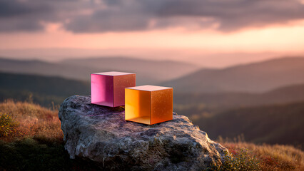 Geometric cubes against a mountain landscape, reflecting the sunset.