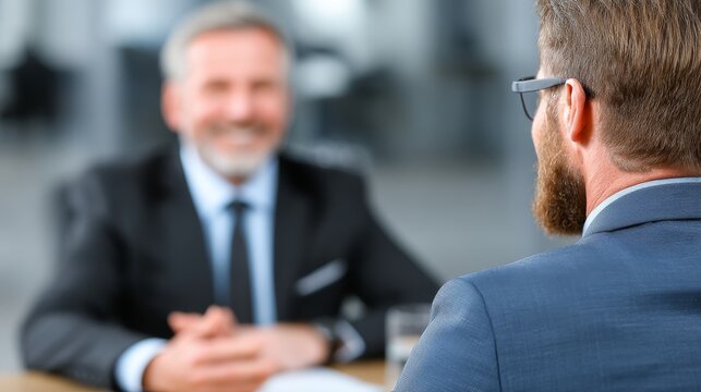 Over the shoulder view of two men in business suits engaged in a formal meeting,