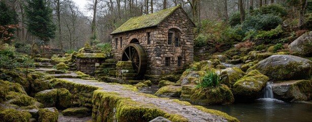 Old stone water mill nestled in mossy woodland