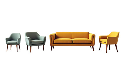 Mustard yellow sofa and matching armchairs.