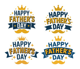 Happy Father's Day Badge Set Festive Greeting with Crown & Mustache Vector
