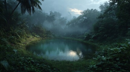 Misty Tropical Jungle Pond at Sunrise