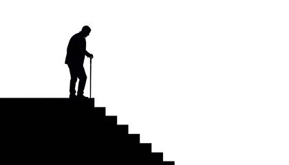 Man holding cane descending stairs in silhouette on white background  