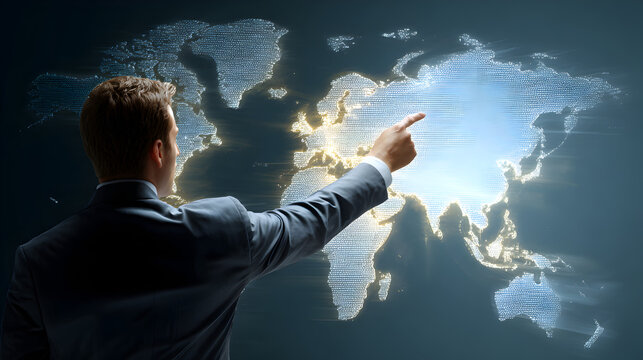 A man in a suit pointing at a digital world map with bright light shining from behind the continents