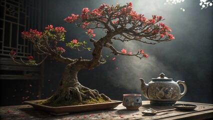 Still life tea pot, cup, and blossoms in a serene garden