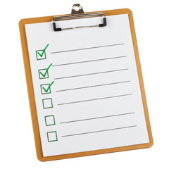 Clipboard with checklist and checked boxes demonstrating task completion and progress isolated on transparent background