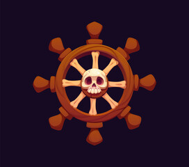 Cartoon pirate icon, corsair ship helm with skull of Jolly roger, vector symbol. Caribbean adventure pirate or corsair sailboat wheel or boat ship, wooden helm or rudder steer for pirates seafaring © Vector Tradition