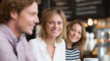 Fototapeta premium Three young adults smiling and enjoying conversation in cozy cafe with warm lighting and casual atmosphere