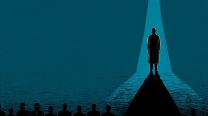 A dramatic noir scene with a silhouetted man in a trench coat standing on a platform,
