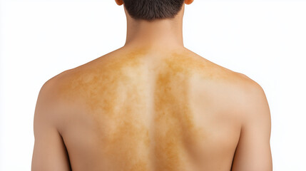 Sunburn on back skin with uneven tan lines and redness on male body showing skin irritation and damage from sun exposure