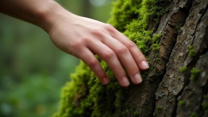 Hand touching green moss on old tree, sensational connection with nature and human, nature lover concept