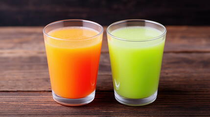 Fresh orange and green apple juice in clear glasses on rustic wooden table, vibrant and refreshing drink for healthy lifestyle